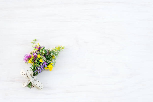 bouquet of wild flowers on white wooden background - small bouquet imagens e fotografias de stock