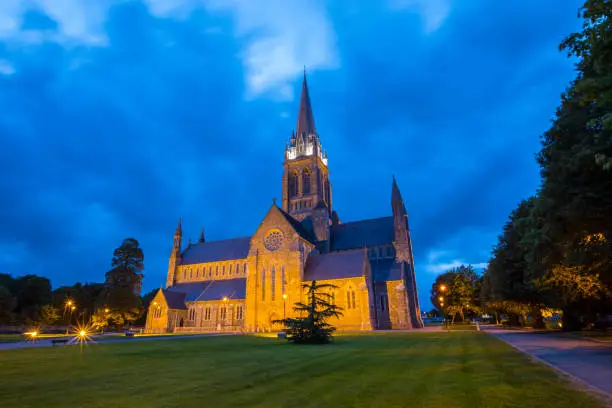 A dusk-time view of the magnificent St. Marys Cathedral in Killarney, County Kerry, Republic of Ireland.