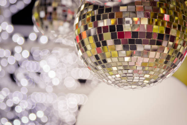 istock Christmas tree decorated with mirror disco ball. Ornament lighting and gliter decor for celebrate, merry christmas and Happy new year. 1071935794