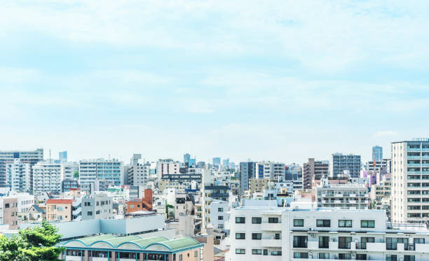 city urban skyline aerial view in koto district, japan Asia Business concept for real estate and corporate construction - panoramic modern city urban skyline bird eye aerial view under sun and blue sky in koto district, Tokyo, Japan sumida ward photos stock pictures, royalty-free photos & images