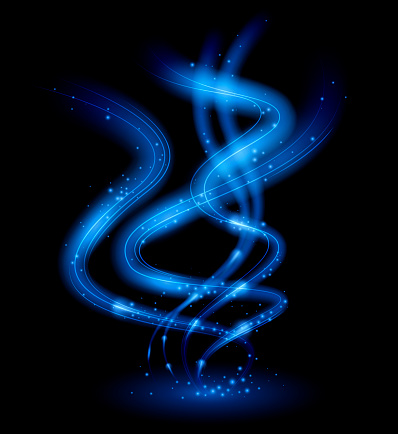 Dinamic blue waves with sparks. Magicalc isolated light effect on black background. Vector transparent element with wavy sparkling lines