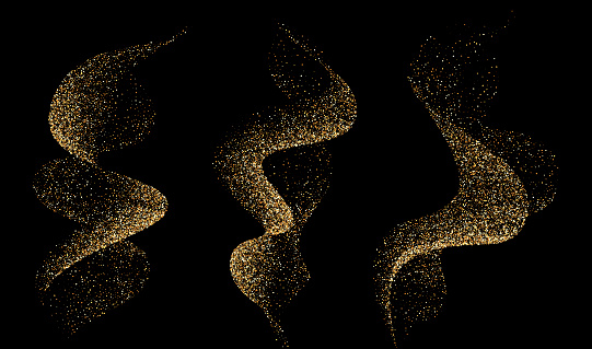 Set of dinamic golden waves smoke or flame with sparkling particle. Vector rotation elements