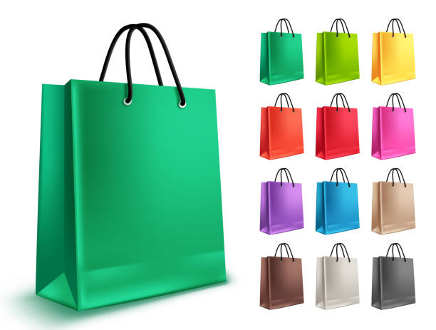 ショッピング バッグはベクター セットです。緑と分離の他の色と空の紙バッグ - paper bag bag brown handle点のイラスト素材／クリップアート素材／マンガ素材／アイコン素材