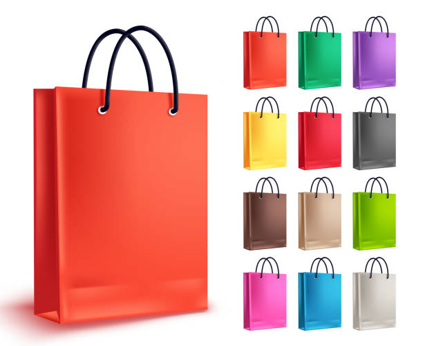 papierbeutel für shopping vektor festgelegt. leere taschen kollektion in orange und andere farben, isoliert - shopping bag orange bag handle stock-grafiken, -clipart, -cartoons und -symbole