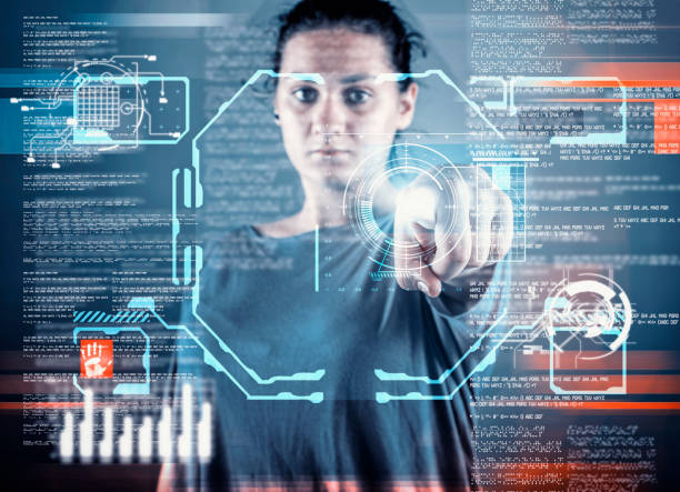 istock Woman pressing on a touch screen with infographs and data.Futuristic user interface. 1071943788