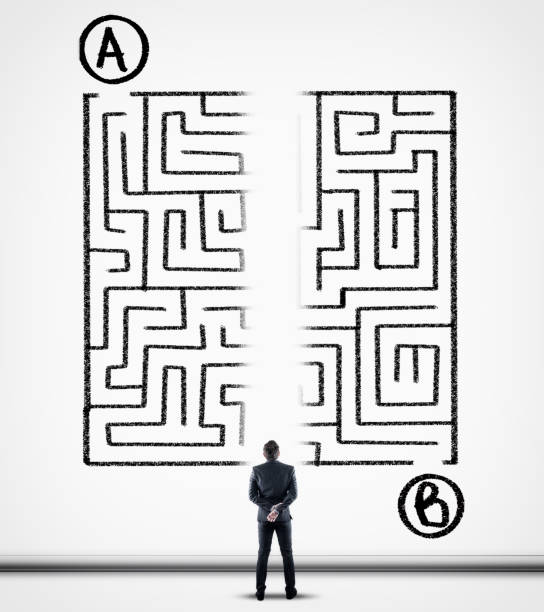 istock Thoughtful businessman solving a maze using a shortcut. Maze drawn on a white wall. Point a to point b. 1071943798