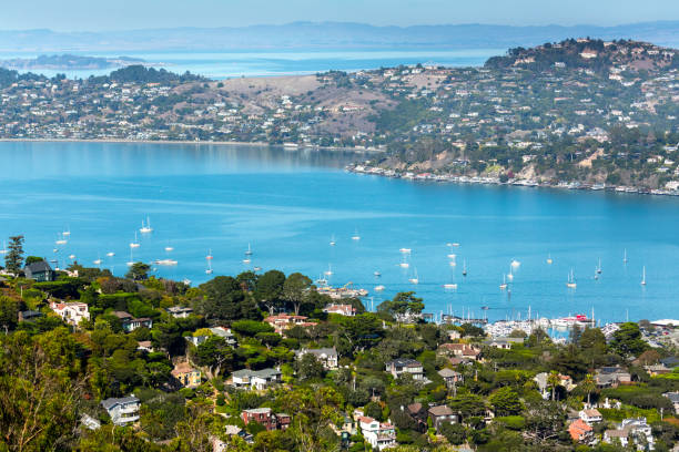 Aerial View over Sausalito and Tiburon Aerial View over Sausalito and Tiburon marin county stock pictures, royalty-free photos & images