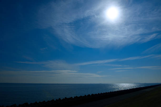 The Sun over the shining sea against clear sky with copy space.