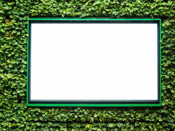 Blank billboard on green plant wall.