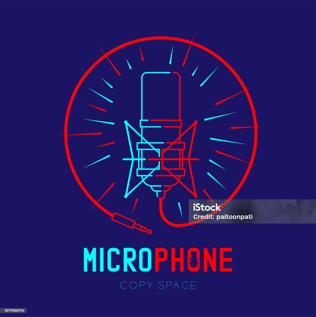 Retro-Mikrofon Logo Symbol Konturstrich mit Radius im Kreis Frame von Kabel Dash Linie Design Illustration isoliert auf dunkelblauem Hintergrund mit Mikrofon Text und kopieren, Vektor-Eps 10 - Lizenzfrei Gesangskunst Vektorgrafik