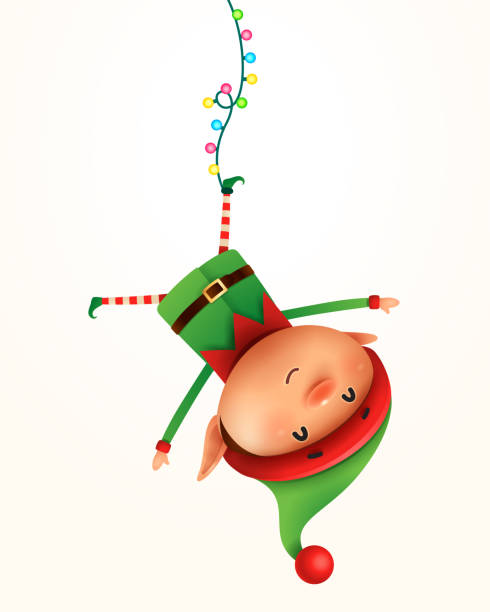 Little elf hanging upside down. Isolated. Little elf hanging upside down. Isolated. elf stock illustrations