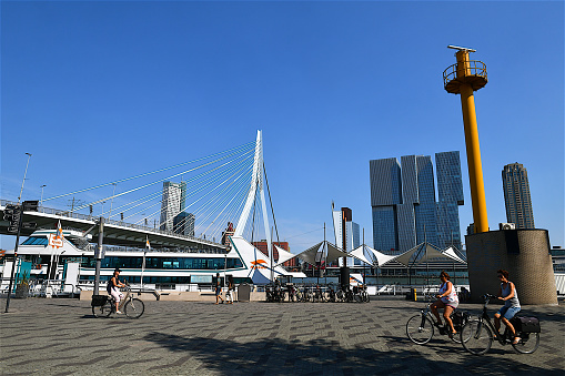 The Erasmus Bridge is a combined cable-stayed and bascule bridge,connecting the north and south parts of this city, over the New Meuse river. The bridge was named after Desiderius Erasmus, a prominent Christian renaissance humanist also known as Erasmus of Rotterdam.