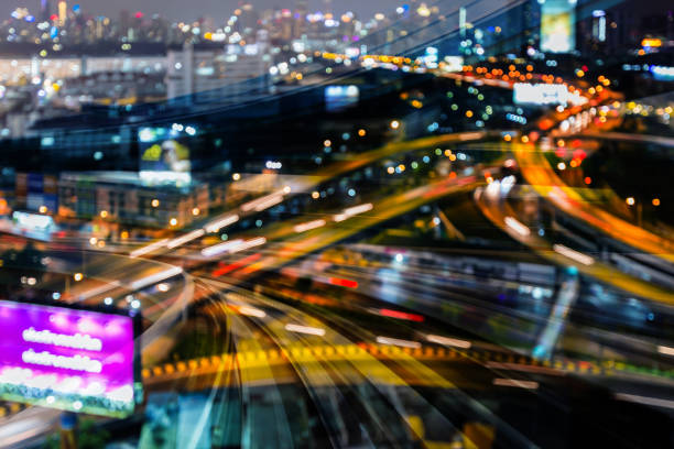 istock Moving train track over night blur light city 1071981598