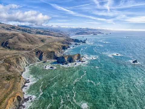 Northern California coastal aerial drone view of Pacific Ocean
