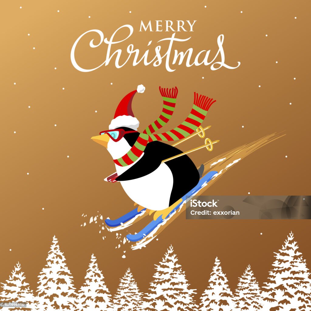 Christmas Penguin Snow Skiing Penguin snow skiing and wearing Santa's hat on golden pine tree background Alpine Skiing stock vector