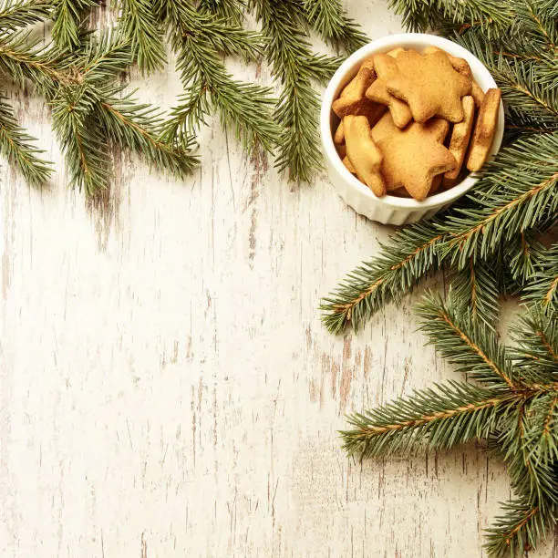 New Year. Delicious ginger biscuits. Fir branch. Light background.