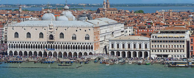 Venice, Italy. Amazing drone aerial landscape of the San Marco square, Riva degli Schiavoni and water basin during summer time