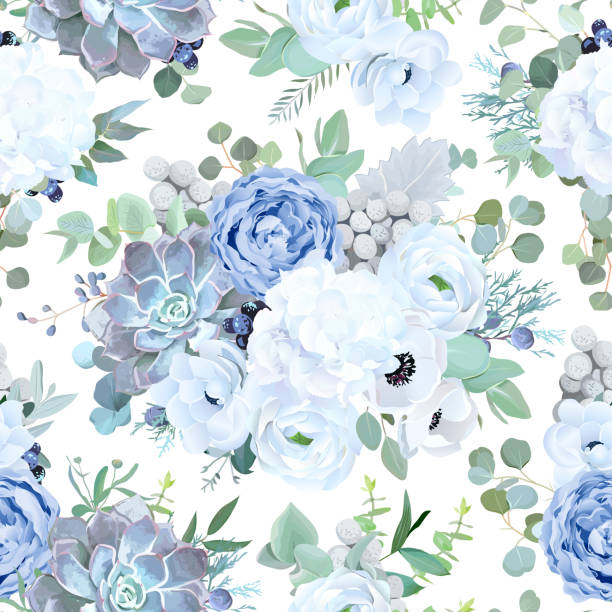 nahtloser vektor-design-pattern von staubigen blauen garten rose, weiße blüten - floral pattern flower backgrounds lush foliage stock-grafiken, -clipart, -cartoons und -symbole