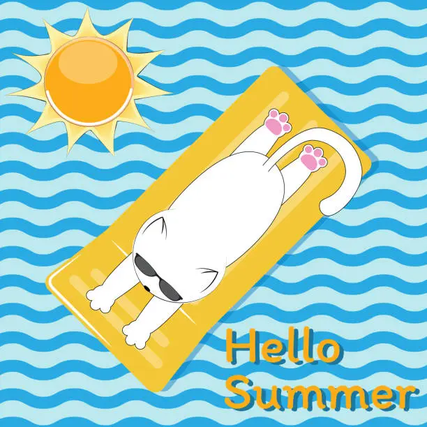 Vector illustration of White cute cat with glasses sunbathes on the sea on a yellow mattress.