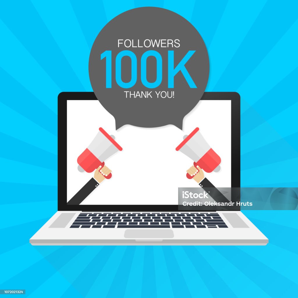 100000 Followers thank you card with laptop Template for social media post. 100K subscribers vivid banner. Vector  illustration. 100000 Followers thank you card with laptop Template for social media post. 100K subscribers vivid banner. Vector stock  illustration. Gratitude stock vector