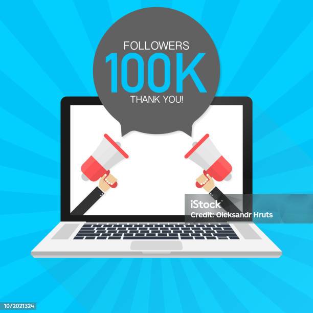 100000 Followers Thank You Card With Laptop Template For Social Media Post 100k Subscribers Vivid Banner Vector Illustration Stock Illustration - Download Image Now