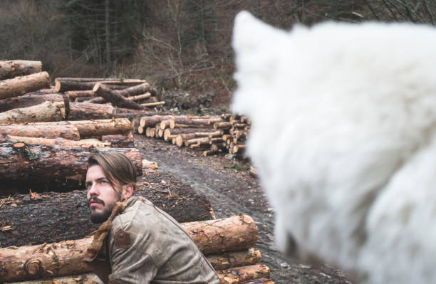 istock Young man and dog on logs in the forest 1072021704