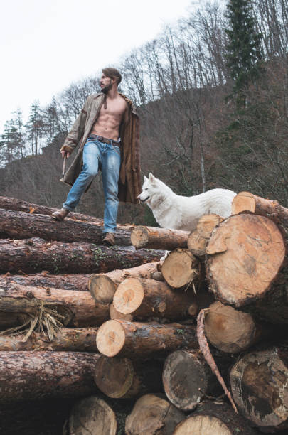 istock Young man and dog on logs in the forest 1072021818