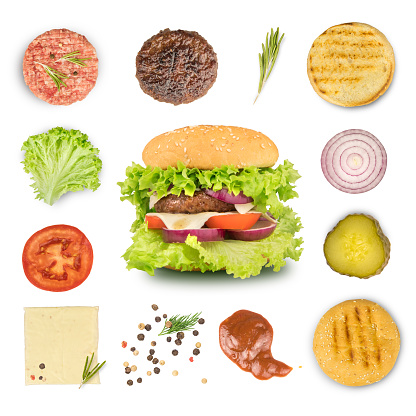 Ingredient for cooking burger and hamburger isolated on white background.