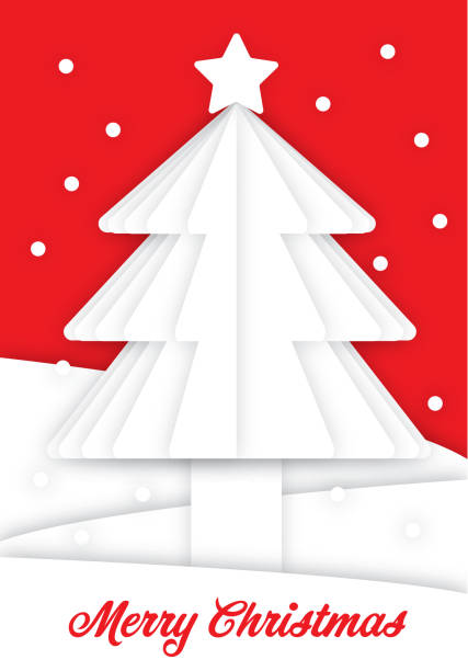 istock White Christmas tree with snow and red background. Paper art greeting card. 1072026268