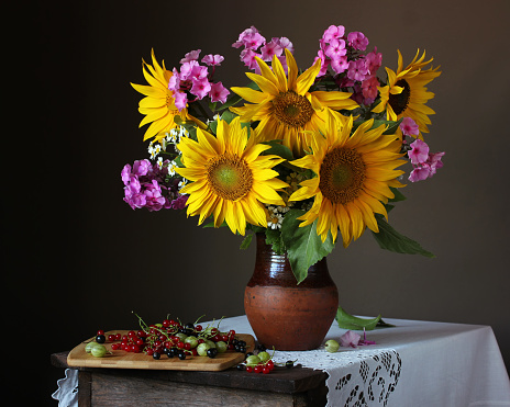 Bouquet of sunflowers and Phlox. Still life with garden flowers and berries.