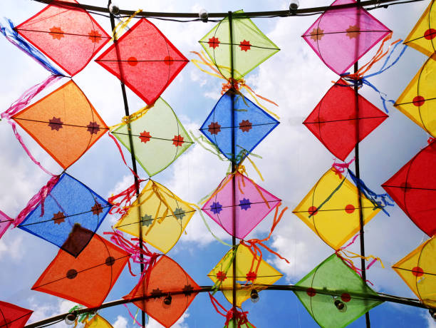 istock Low Angle View of Colorful Decorative Kites Against Cloudy Sky 1072035966