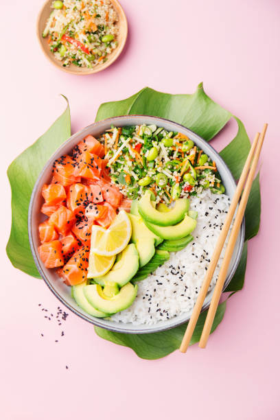 istock Poke bowl with salmon served in bowl 1072042912