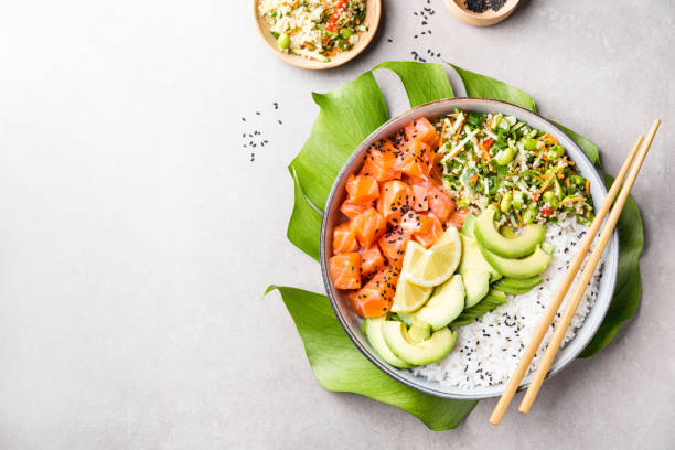 istock Poke bowl with salmon served in bowl 1072042934