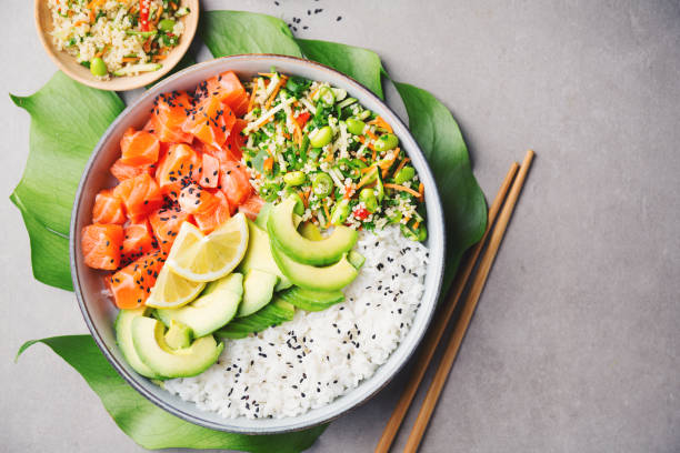istock Poke bowl with salmon served in bowl 1072043038