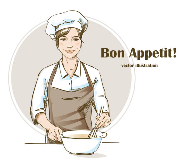 ilustrações de stock, clip art, desenhos animados e ícones de smiling and happy female chef. woman chef is cooking. hand drawn vector illustration. - chef italian culture isolated french culture