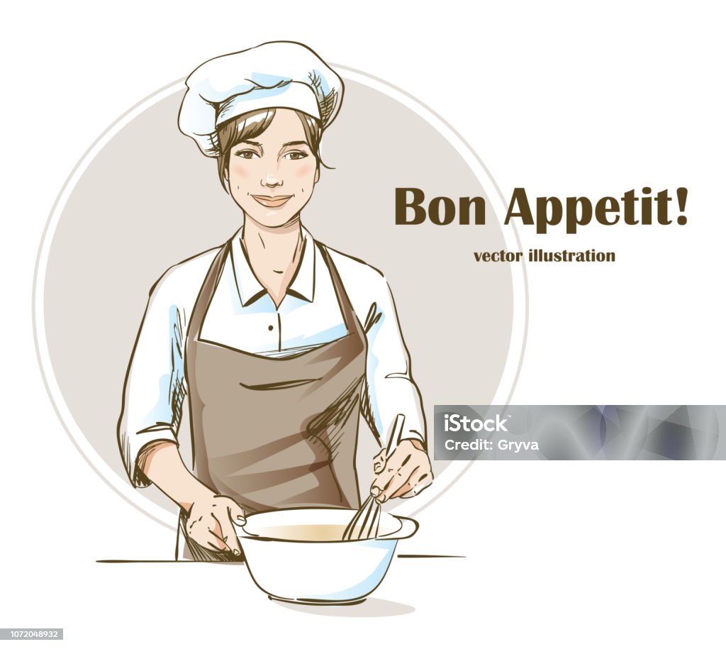 Smiling and happy female chef. Woman chef is cooking. Hand drawn vector illustration. Chef stock vector