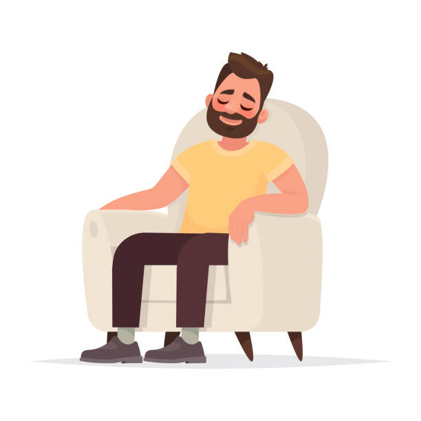 illustrations, cliparts, dessins animés et icônes de homme barbu est assis dans un fauteuil et dort. une personne est au repos ou pensez à quelque chose de bon - fauteuil