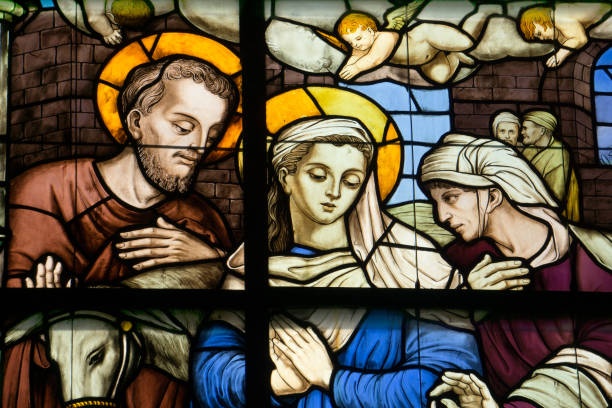 istock Medieval stained glass window showing Joseph and Mary 1072055816