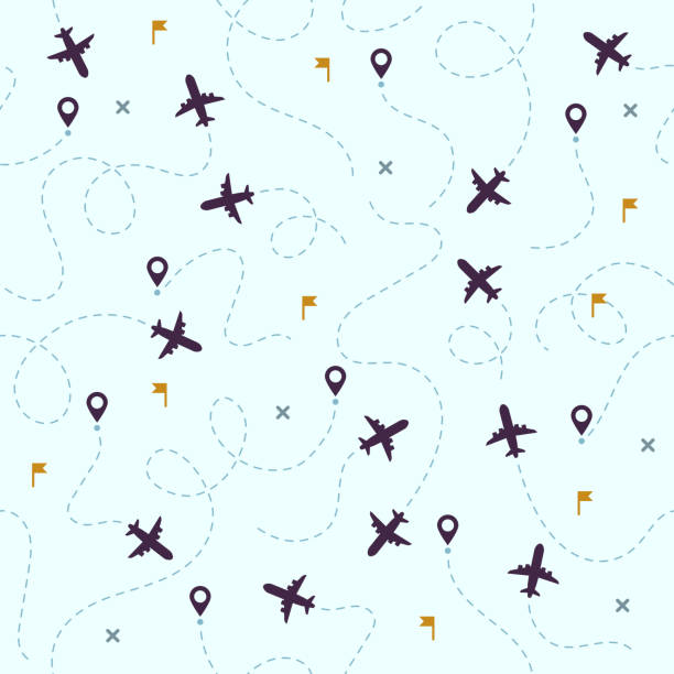Airplane flights pattern. Plane travel, avia traveling routes and aviation vector seamless background Airplane flights pattern. Plane travel, avia traveling routes and aviation or aircraft travel dotted map. Dot airplane flight sky traveler track vector seamless background airplane patterns stock illustrations