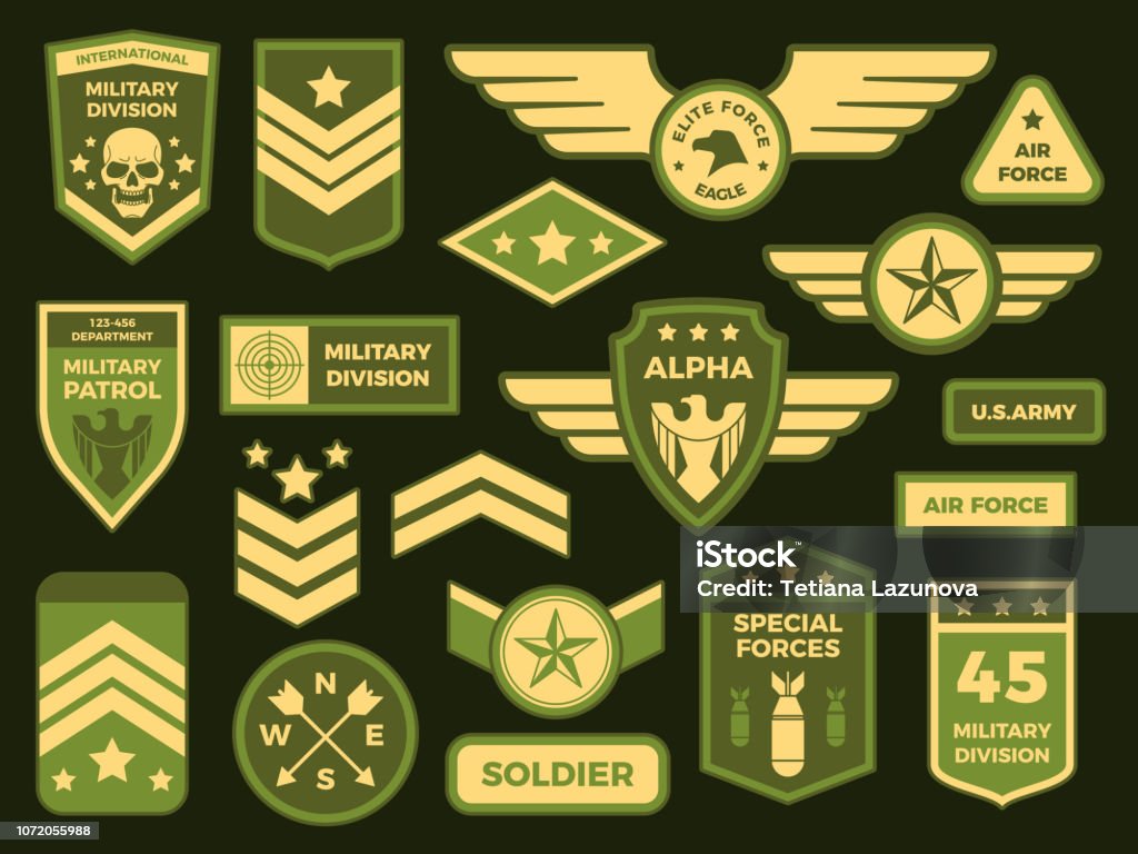 Military badges. American army badge patch or airborne squadron chevron. Vector isolated illustration collection Military badges. American army badge patch or airborne squadron chevron. Military air force medals emblem. Insignia vector isolated symbols illustration collection Military stock vector