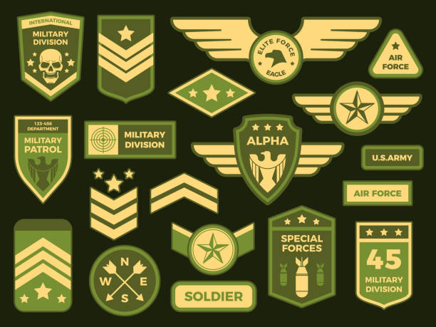 Military badges. American army badge patch or airborne squadron chevron. Vector isolated illustration collection Military badges. American army badge patch or airborne squadron chevron. Military air force medals emblem. Insignia vector isolated symbols illustration collection military stock illustrations