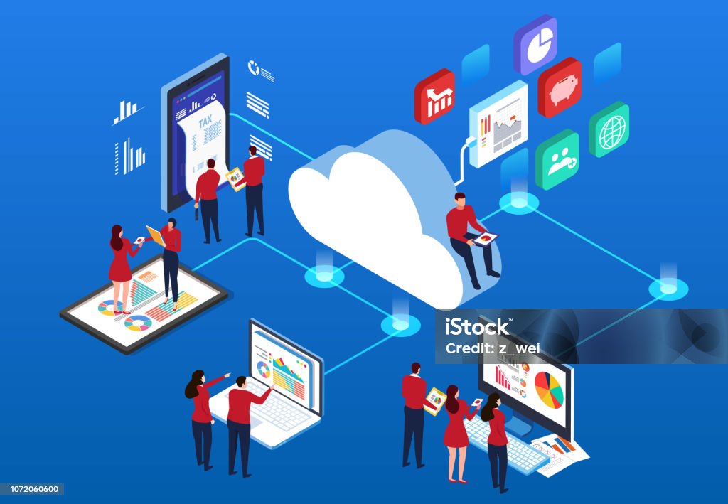 Il lavoro della tecnologia cloud - arte vettoriale royalty-free di Cloud computing