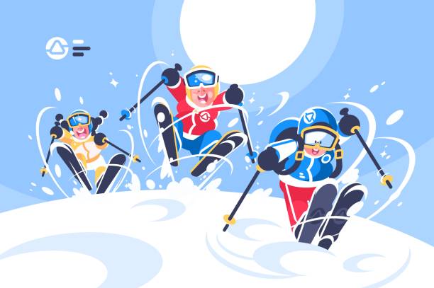 ilustrações, clipart, desenhos animados e ícones de crianças felizes esqui cartaz plana - esporte de inverno