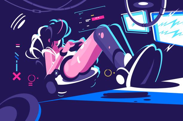 Professional computer gamer flat style poster Professional computer gamer flat style poster. Cartoon girl playing online game on pc vector illustration. Teenager in gaming room. Virtual reality concept the game bet online stock illustrations