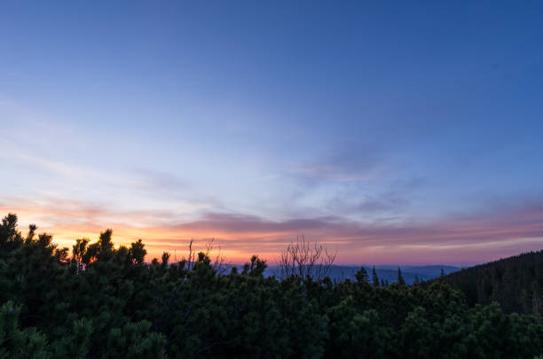 Sunset in the mountains. Blue hour in the mountains. Unusual horizon.