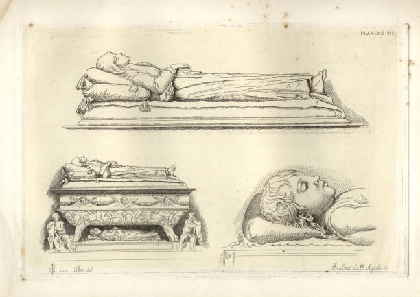 Vintage engraving of Italian Medieval Sculpture. By Charles Perkins. Monument of the Countess of Montorio, in the Church of San Bernardino at Aquila, by Andkea ball' Aqtjila