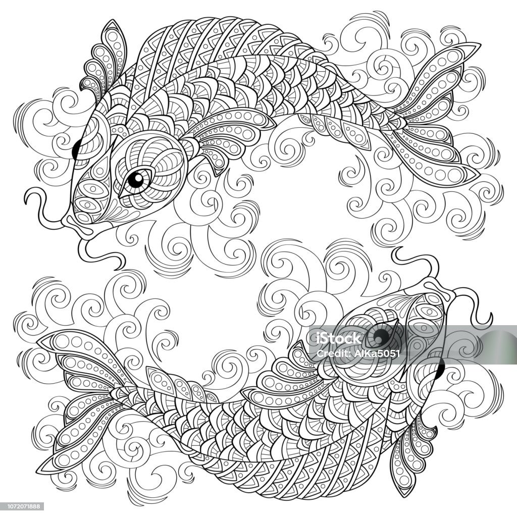Koi fish. Chinese carps. Pisces. Adult antistress coloring page. Black and white hand drawn doodle for coloring book vector illustration Koi Carp stock vector