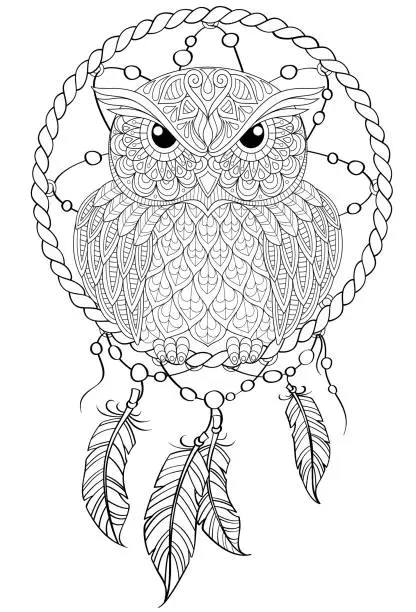 Vector illustration of Dream catcher with owl. Tattoo or adult antistress coloring page. Black and white hand drawn doodle for coloring book