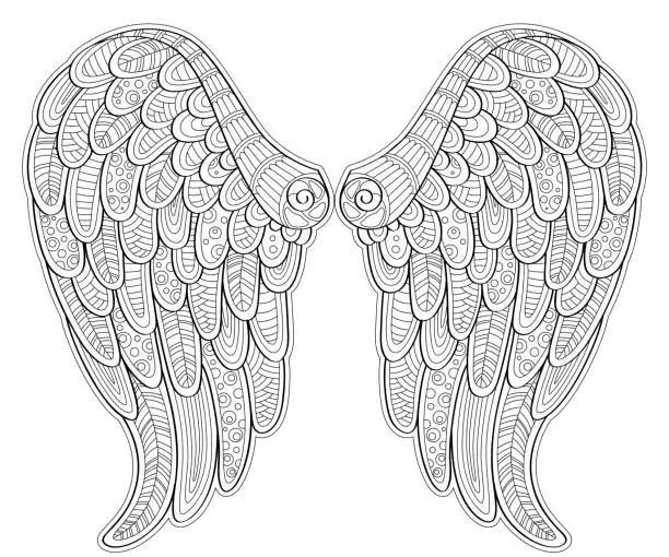 Vector illustration of Angel wings in zentangle style for tatoo or t-shirt. Adult antistress coloring page. Black and white hand drawn doodle for coloring book