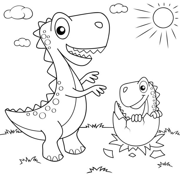Funny Cartoon Dinosaur And His Nest With Little Dino Black And White Vector  Illustration For Coloring Book Stock Illustration - Download Image Now -  iStock